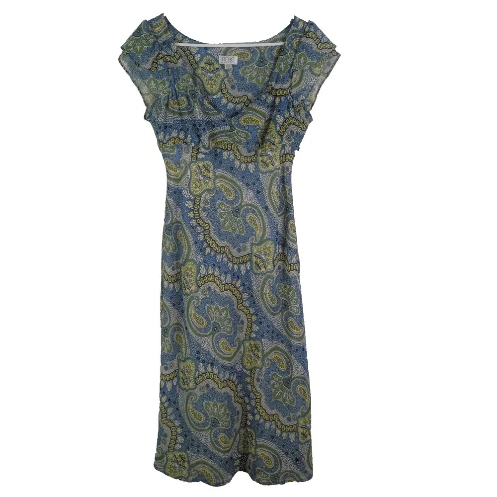 BCBG MAXAZRIA Women's Vintage Paisley Dress Size 8 Green Blue Sheer Y2K Chiffon